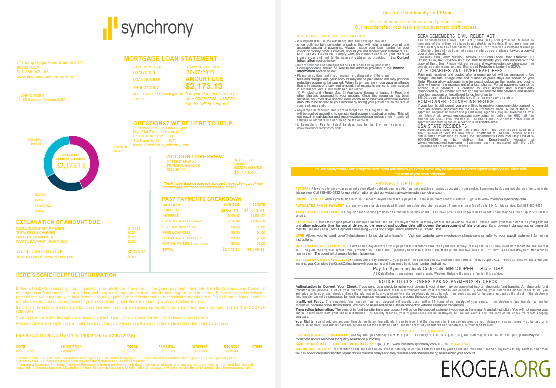 Relevé de prêt hypothécaire USA Synchrony Bank aux formats Word et PDF, 4 pages 1, 2